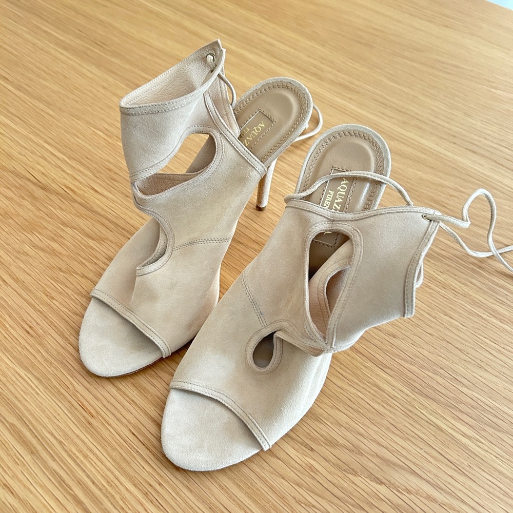 Aquazzura Sexy Thing Nude Suede Peep Toe Heels - Size 38 (Never Worn)